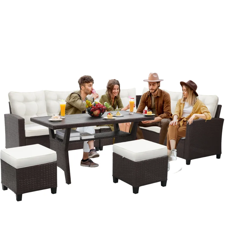 6-Piece Outdoor Patio Furniture Set - Sectional Sofa, Dining Table & Chairs Included, All-Weather Dining Set with Ottoman, Natural Wicker and Black Cushions