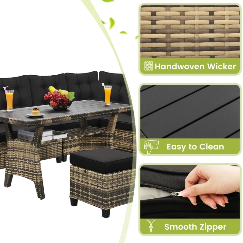 6-Piece Outdoor Patio Furniture Set - Sectional Sofa, Dining Table & Chairs Included, All-Weather Dining Set with Ottoman, Natural Wicker and Black Cushions