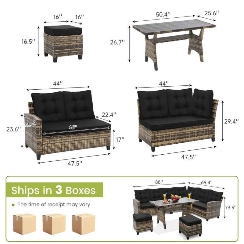 6-Piece Outdoor Patio Furniture Set - Sectional Sofa, Dining Table & Chairs Included, All-Weather Dining Set with Ottoman, Natural Wicker and Black Cushions