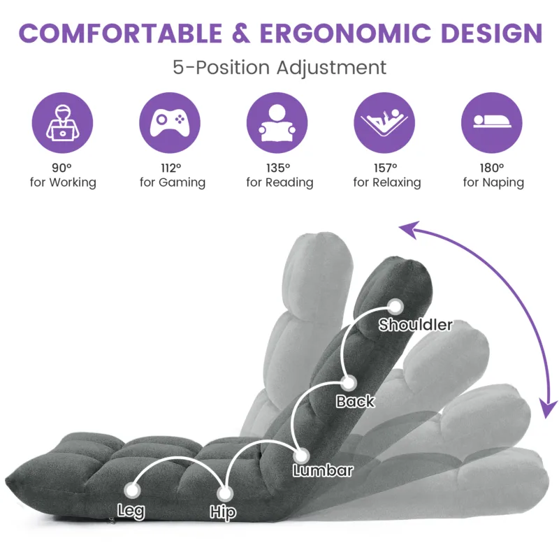 Folding Floor Chair with Back Support for Adults, Adjustable Japanese Meditation; Portable Gaming Chair Recliner Seat with Comfy Cushion, for Teens